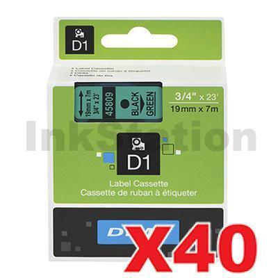 40 x Dymo SD45809 / S0720890 Genuine 19mm Black Text on Green Label Cassette - 7 meters
