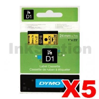 5 x Dymo D1 SD53718 / S0720980 Genuine 24mm Black Text on Yellow Label Cassette - 7 meters