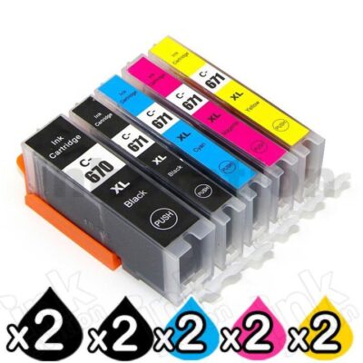 10 Pack Compatible Canon PGI-670XL, CLI-671XL High Yield Inkjet Combo [2BK,2PBK,2C,2M,2Y]