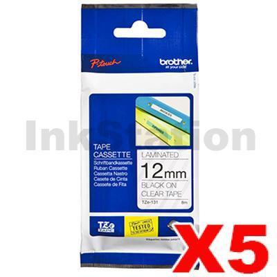 5 x Brother TZe-131 Genuine 12mm Black Text on Clear Laminated Tape - 8 meters