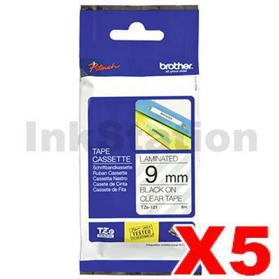 5 x Brother TZe-121 Genuine 9mm Black Text on Clear Laminated Tape - 8 meters