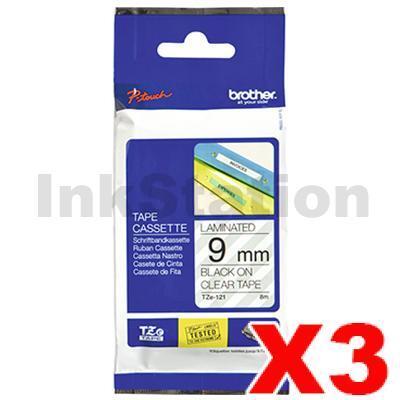 3 x Brother TZe-121 Genuine 9mm Black Text on Clear Laminated Tape - 8 meters