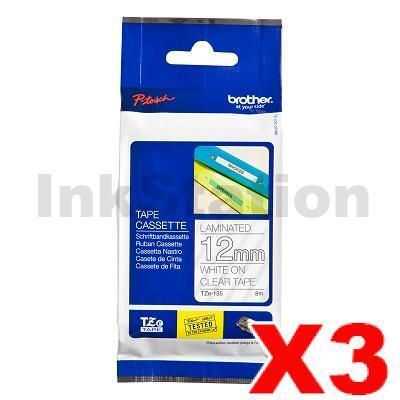 3 x Brother TZe-135 Genuine 12mm White Text on Clear Laminated Tape - 8 meters