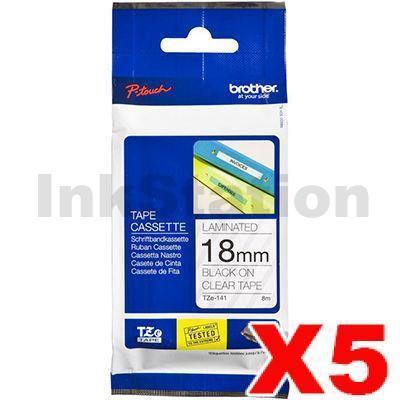 5 x Brother TZe-141 Genuine 18mm Black Text on Clear Laminated Tape - 8 meters