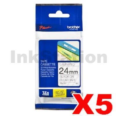 5 x Brother TZe-151 Genuine 24mm Black Text on Clear Laminated Tape - 8 meters