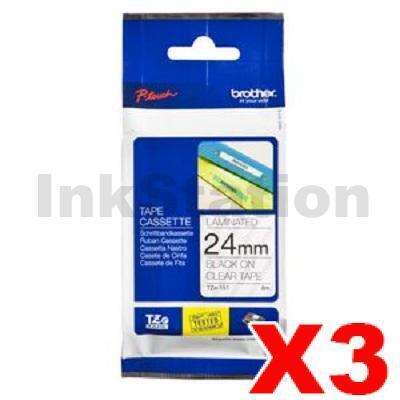 3 x Brother TZe-151 Genuine 24mm Black Text on Clear Laminated Tape - 8 meters
