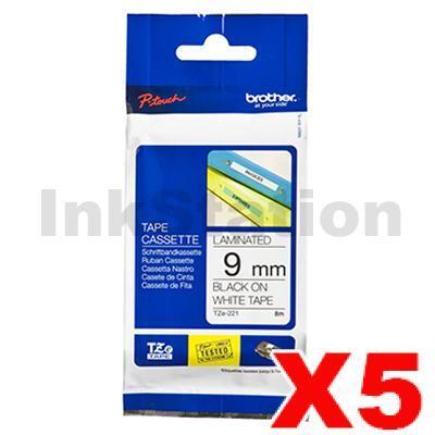 5 x Brother TZe-221 Genuine 9mm Black Text on White Laminated Tape - 8 meters