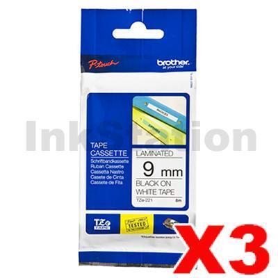 3 x Brother TZe-221 Genuine 9mm Black Text on White Laminated Tape - 8 meters