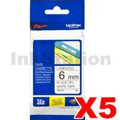5 x Brother TZe-211 Genuine 6mm Black Text on White Laminated Tape - 8 meters