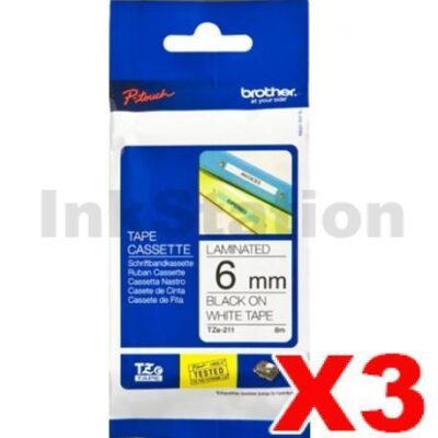 3 x Brother TZe-211 Genuine 6mm Black Text on White Laminated Tape - 8 meters