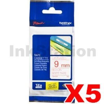 5 x Brother TZe-222 Genuine 9mm Red Text on White Laminated Tape - 8 meters