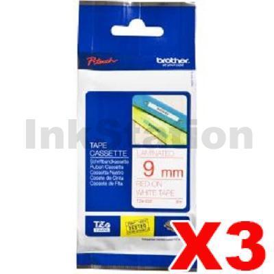 3 x Brother TZe-222 Genuine 9mm Red Text on White Laminated Tape - 8 meters