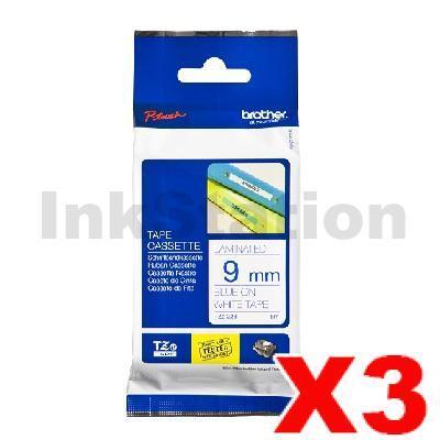 3 x Brother TZe-223 Genuine 9mm Blue Text on White Laminated Tape - 8 meters