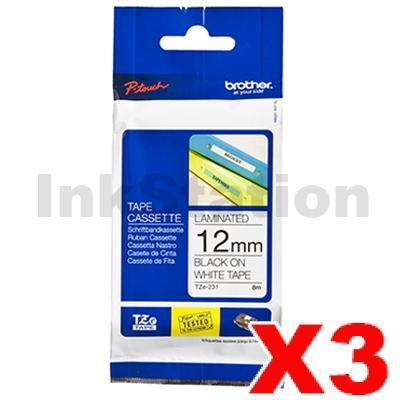 3 x Brother TZe-231 Genuine 12mm Black Text on White Laminated Tape - 8 meters