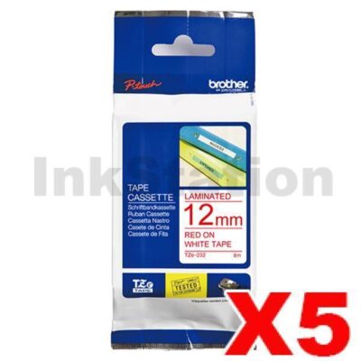 5 x Brother TZe-232 Genuine 12mm Red Text on White Laminated Tape - 8 meters
