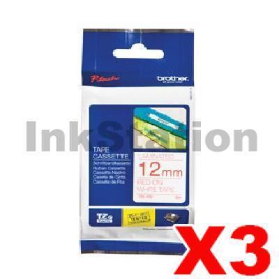3 x Brother TZe-232 Genuine 12mm Red Text on White Laminated Tape - 8 meters