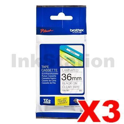 3 x Brother TZe-161 Genuine 36mm Black Text on Clear Laminated Tape - 8 meters