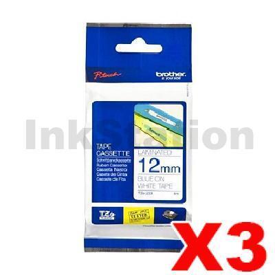 3 x Brother TZe-233 Genuine 12mm Blue Text on White Laminated Tape - 8 meters
