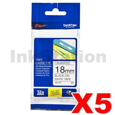 5 x Brother TZe-241 Genuine 18mm Black Text on White Laminated Tape - 8 meters