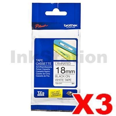 3 x Brother TZe-241 Genuine 18mm Black Text on White Laminated Tape - 8 meters