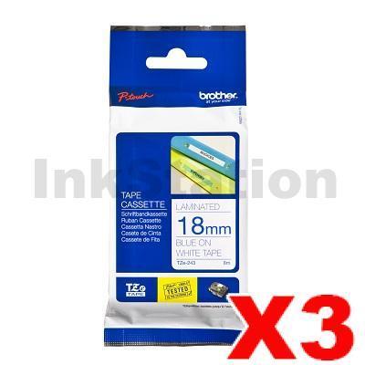 3 x Brother TZe-243 Genuine 18mm Blue Text on White Laminated Tape - 8 meters