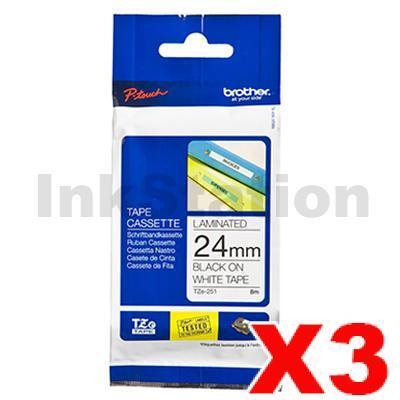 3 x Brother TZe-251 Genuine 24mm Black Text on White Laminated Tape - 8 meters