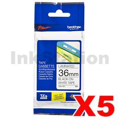 5 x Brother TZe-261 Genuine 36mm Black Text on White Laminated Tape - 8 meters