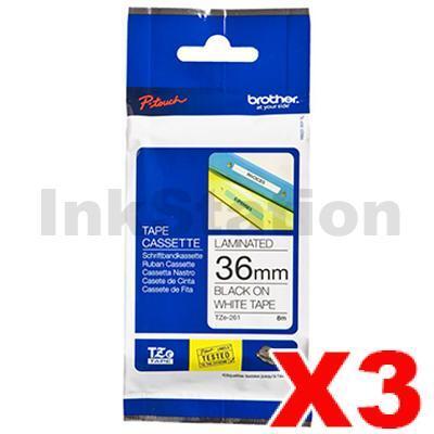 3 x Brother TZe-261 Genuine 36mm Black Text on White Laminated Tape - 8 meters