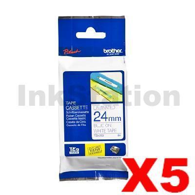 5 x Brother TZe-253 Genuine 24mm Blue Text on White Laminated Tape - 8 meters