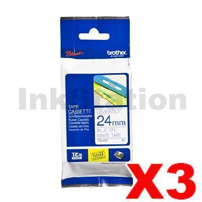 3 x Brother TZe-253 Genuine 24mm Blue Text on White Laminated Tape - 8 meters