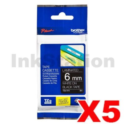 5 x Brother TZe-315 Genuine 6mm White Text on Black Laminated Tape - 8 meters