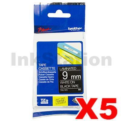 5 x Brother TZe-325 Genuine 9mm White Text on Black Laminated Tape - 8 meters