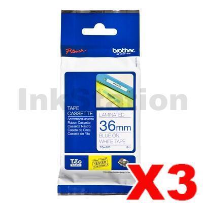 3 x Brother TZe-263 Genuine 36mm Blue Text on White Laminated Tape - 8 meters