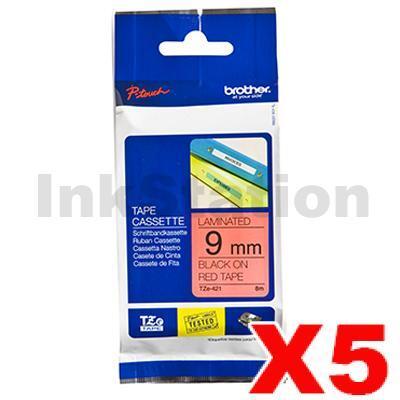 5 x Brother TZe-421 Genuine 9mm Black Text on Red Laminated Tape - 8 meters