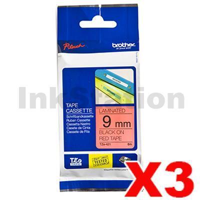 3 x Brother TZe-421 Genuine 9mm Black Text on Red  Laminated Tape - 8 meters