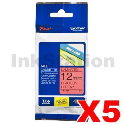 5 x Brother TZe-431 Genuine 12mm Black Text on Red Laminated Tape - 8 meters
