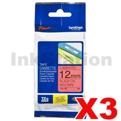 3 x Brother TZe-431 Genuine 12mm Black Text on Red Laminated Tape - 8 meters