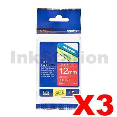 3 x Brother TZe-435 Genuine 12mm White Text on Red Laminated Tape - 8 meters