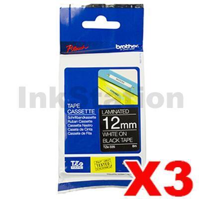 3 x Brother TZe-335 Genuine 12mm White Text on Black Laminated Tape - 8 metres