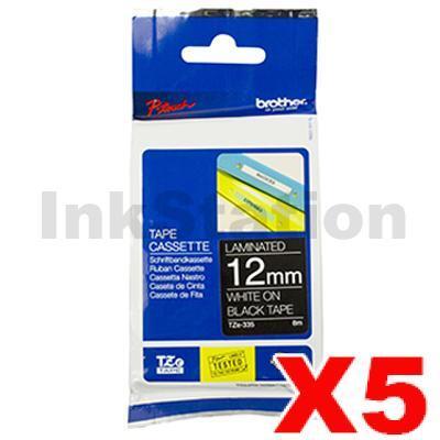 5 x Brother TZe-335 Genuine 12mm White Text on Black Laminated Tape - 8 metres