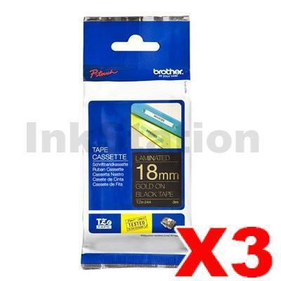 3 x Brother TZe-344 Genuine 18mm Gold Text on Black Laminated Tape - 8 meters