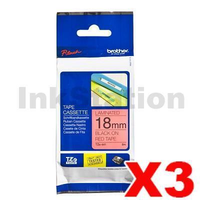 3 x Brother TZe-441 Genuine 18mm Black Text on Red Laminated Tape - 8 meters