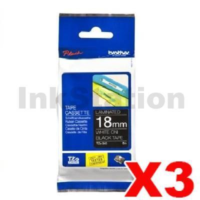 3 x Brother TZe-345 Genuine 18mm White Text on Black Laminated Tape - 8 meters