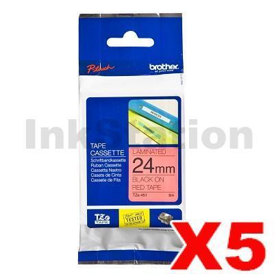 5 x Brother TZe-451 Genuine 24mm Black Text on Red Laminated Tape - 8 meters