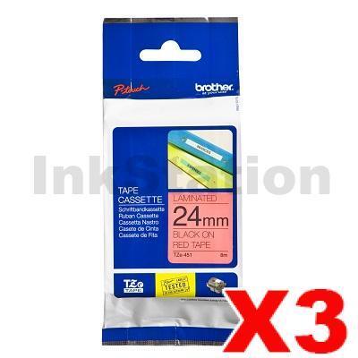 3 x Brother TZe-451 Genuine 24mm Black Text on Red Laminated Tape - 8 meters