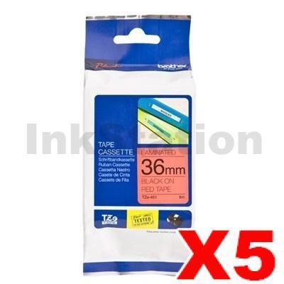5 x Brother TZe-461 Genuine 36mm Black Text on Red Laminated Tape - 8 meters