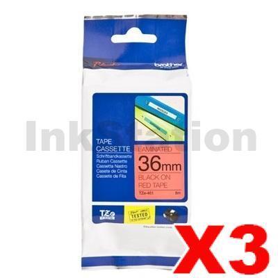 3 x Brother TZe-461 Genuine 36mm Black Text on Red Laminated Tape - 8 meters