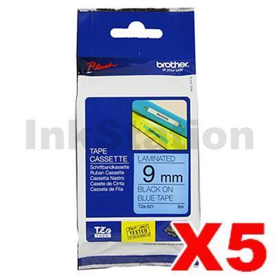 5 x Brother TZe-521 Genuine 9mm Black Text on Blue Laminated Tape - 8 meters