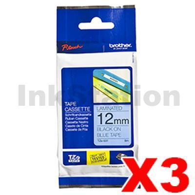 3 x Brother TZe-531 Genuine 12mm Black Text on Blue Laminated Tape - 8 meters