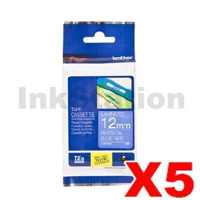 5 x Brother TZe-535 Genuine 12mm White Text on Blue Laminated Tape - 8 meters